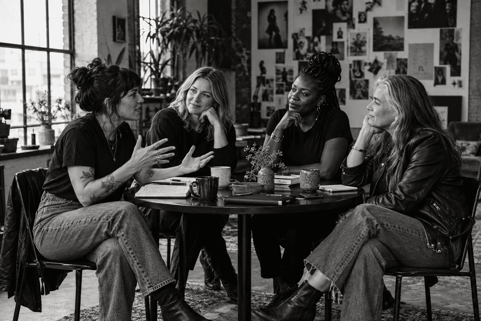 Women in conversation around a table