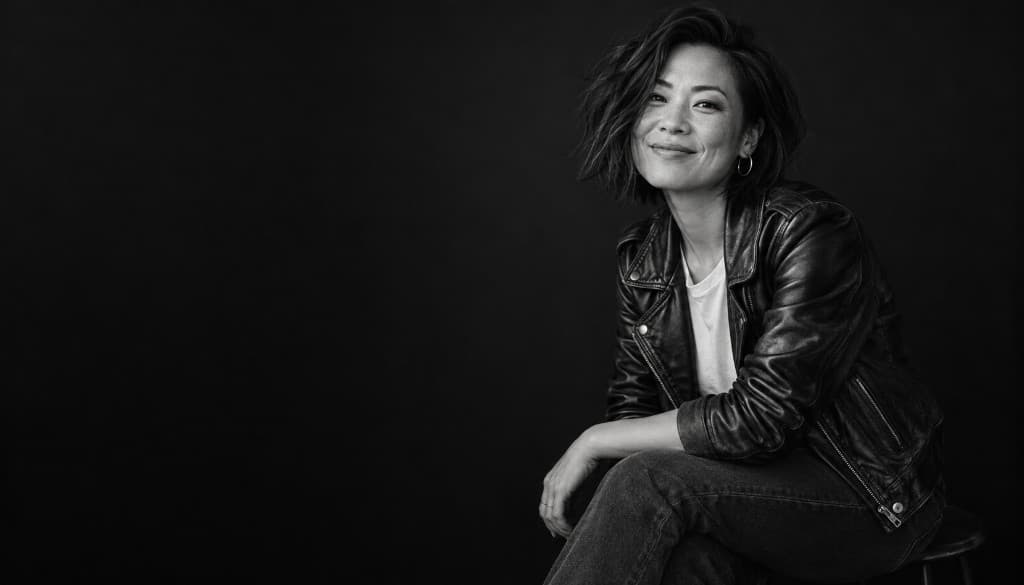 Woman in a black leather jacket seated against a dark background