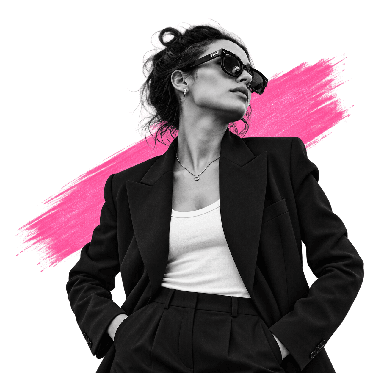 Black and white portrait of a woman in sunglasses, a pink brushstroke behind her